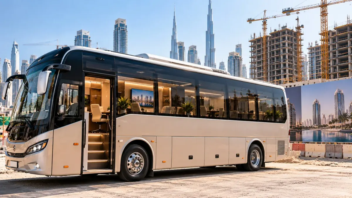 Activation bus parked on a development site in Dubai with its doors open