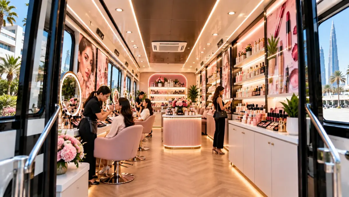 Interior of an activation bus fitted out as a beauty and makeover space