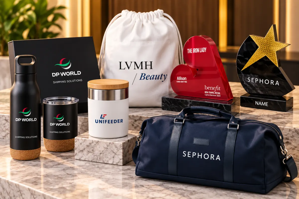 Branded corporate gifts produced in Dubai: custom awards, a branded bag, a leather luggage tag, printed cards and badge sets