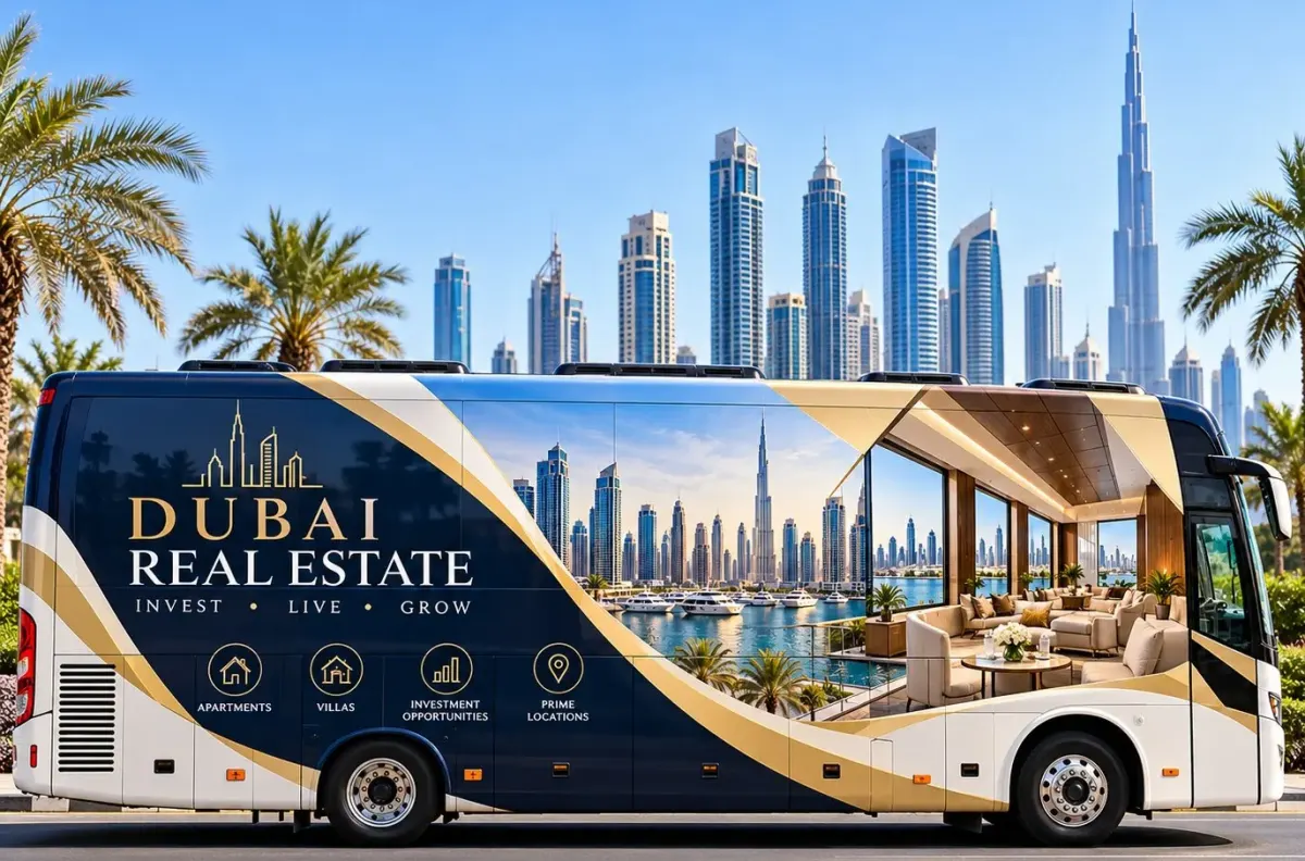 Branded activation bus wrapped for a Dubai property campaign, parked against the city skyline