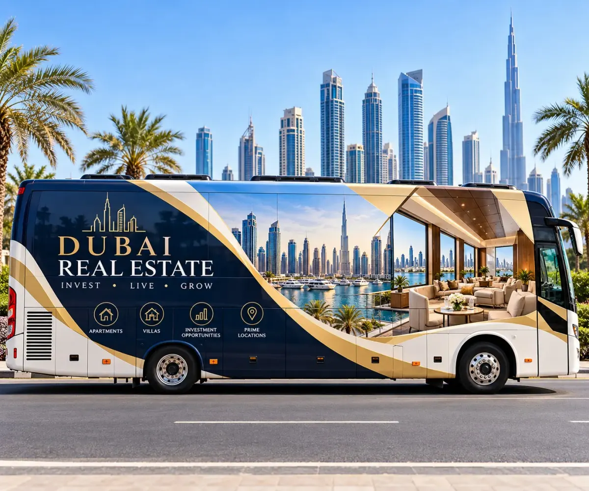 Branded activation bus on a Dubai road, wrapped for a property campaign
