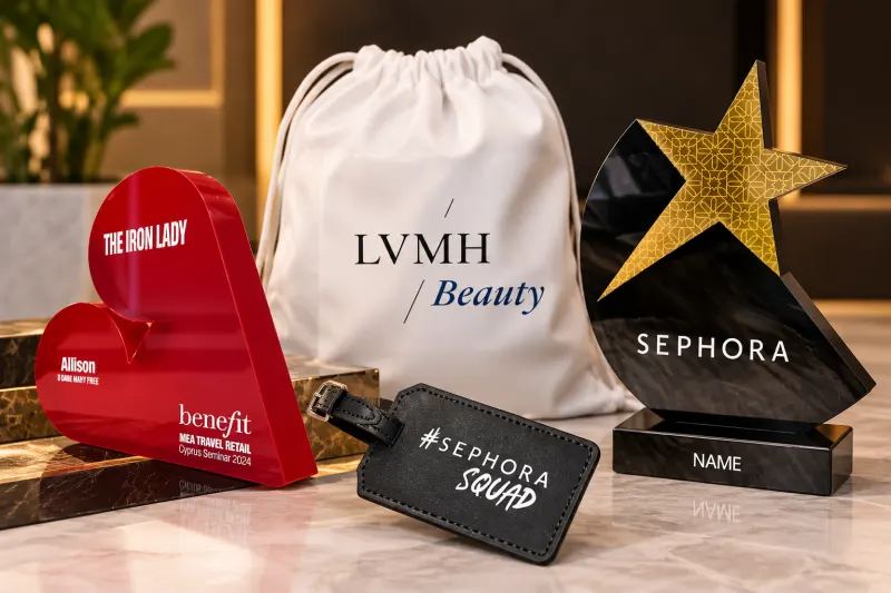Branded corporate gifts produced in Dubai - awards, a branded bag and a leather luggage tag