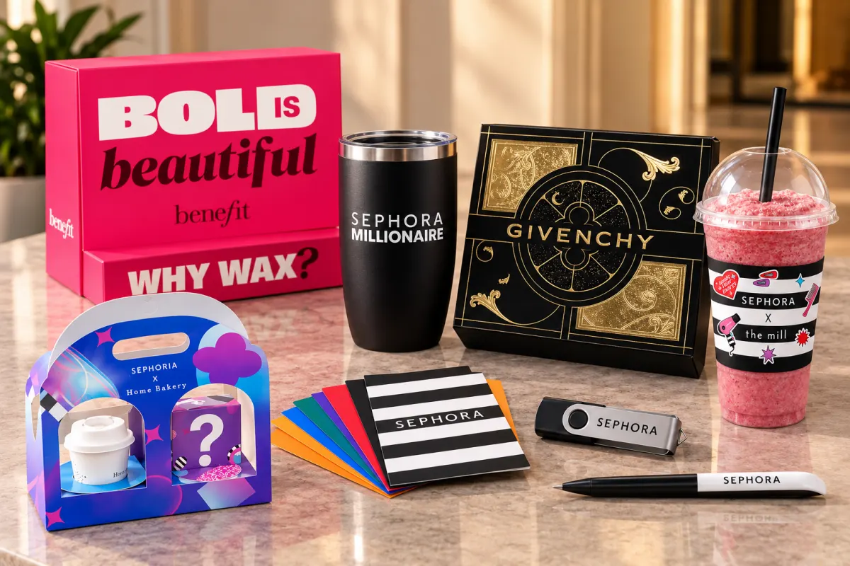 Custom printing produced in Dubai: printed gift boxes with foil detail, packaging, branded notebooks, cup sleeves and promotional print