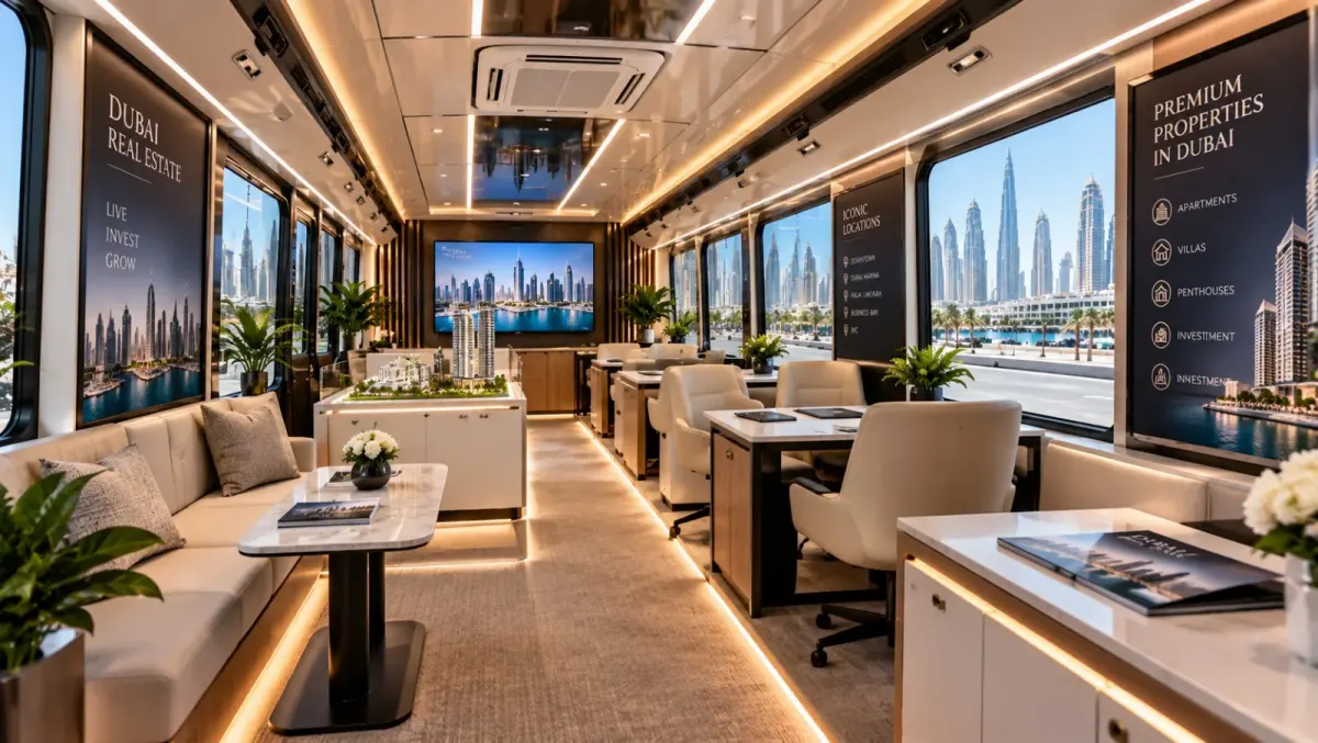 Interior of a mobile bus activation in Dubai fitted out as a property sales suite with seating, desks and screens